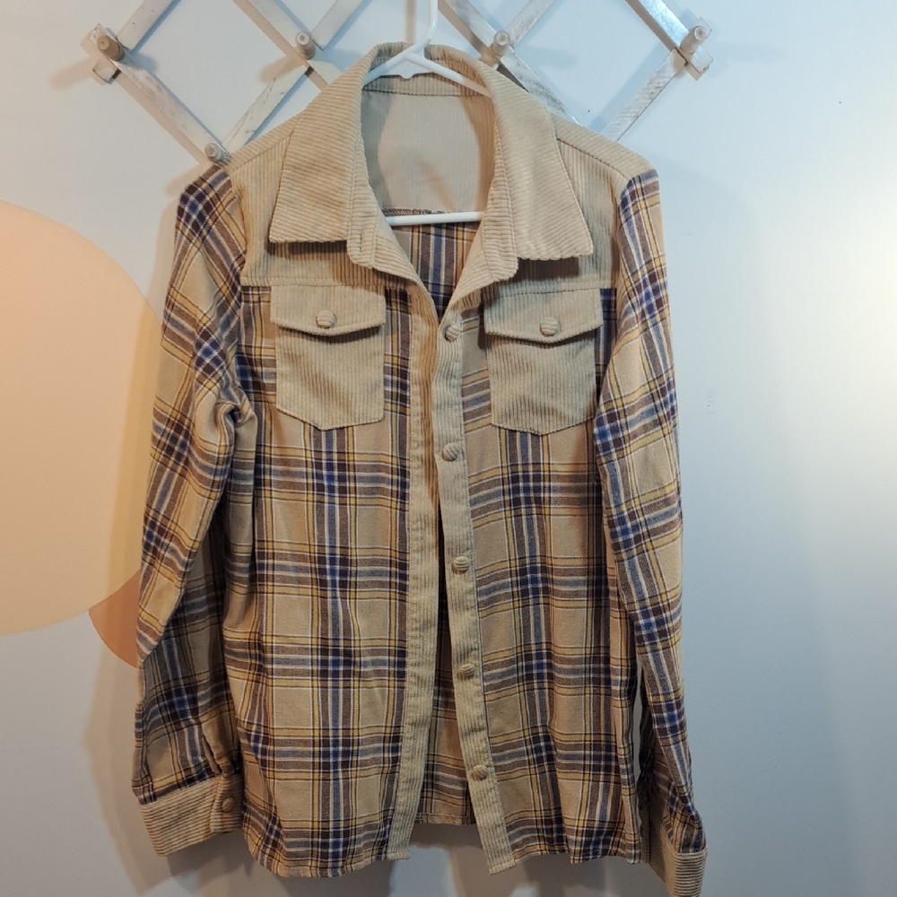 Beige and Blue Plaid Button Down Shirt